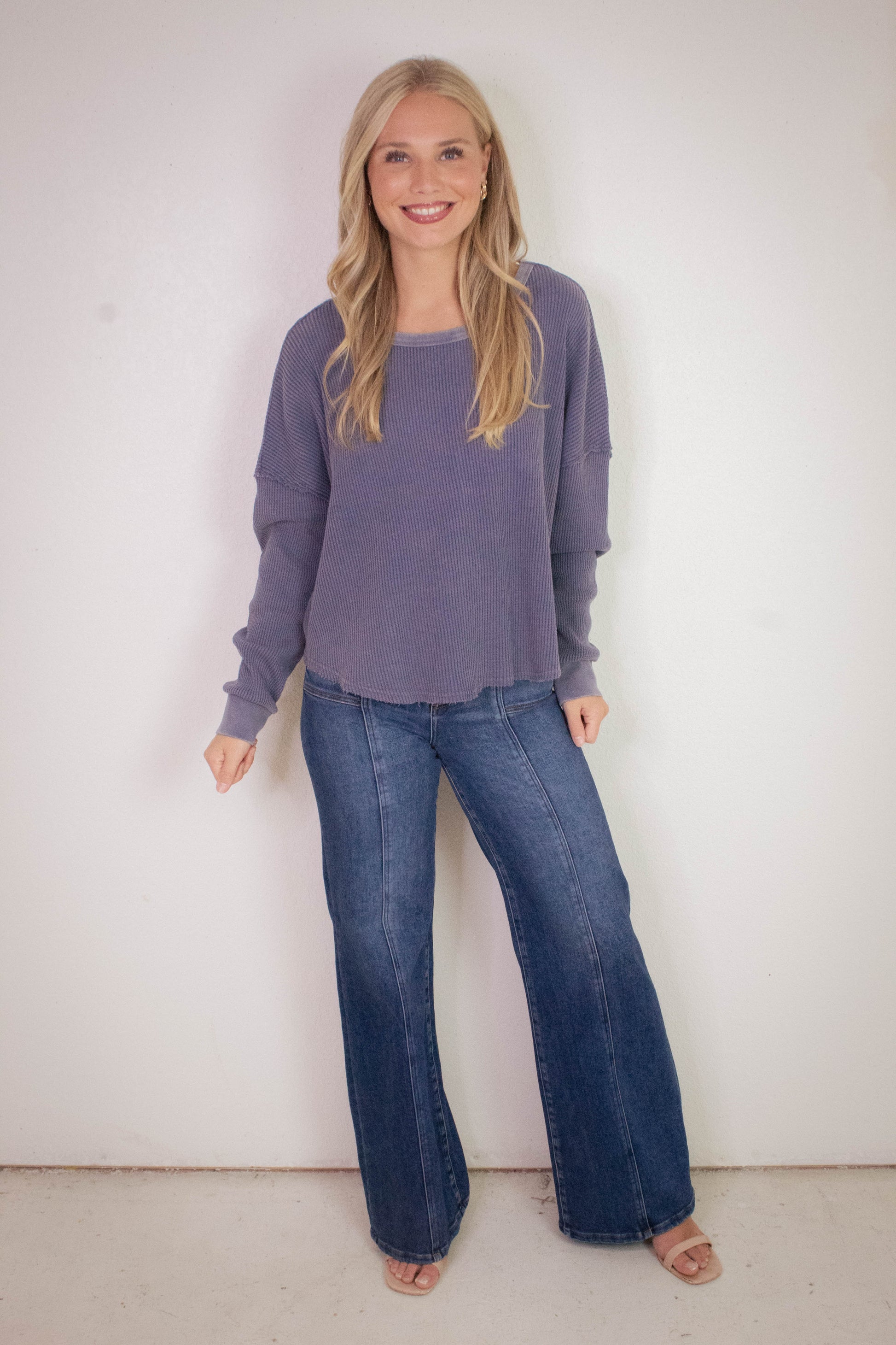  Marlowe Boat Neck Raw Edge Top, Dusty Indigo