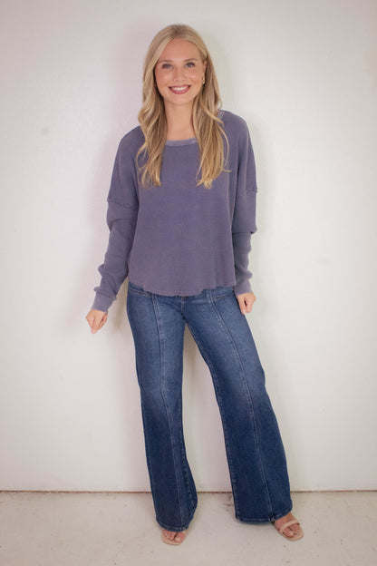  Marlowe Boat Neck Raw Edge Top, Dusty Indigo