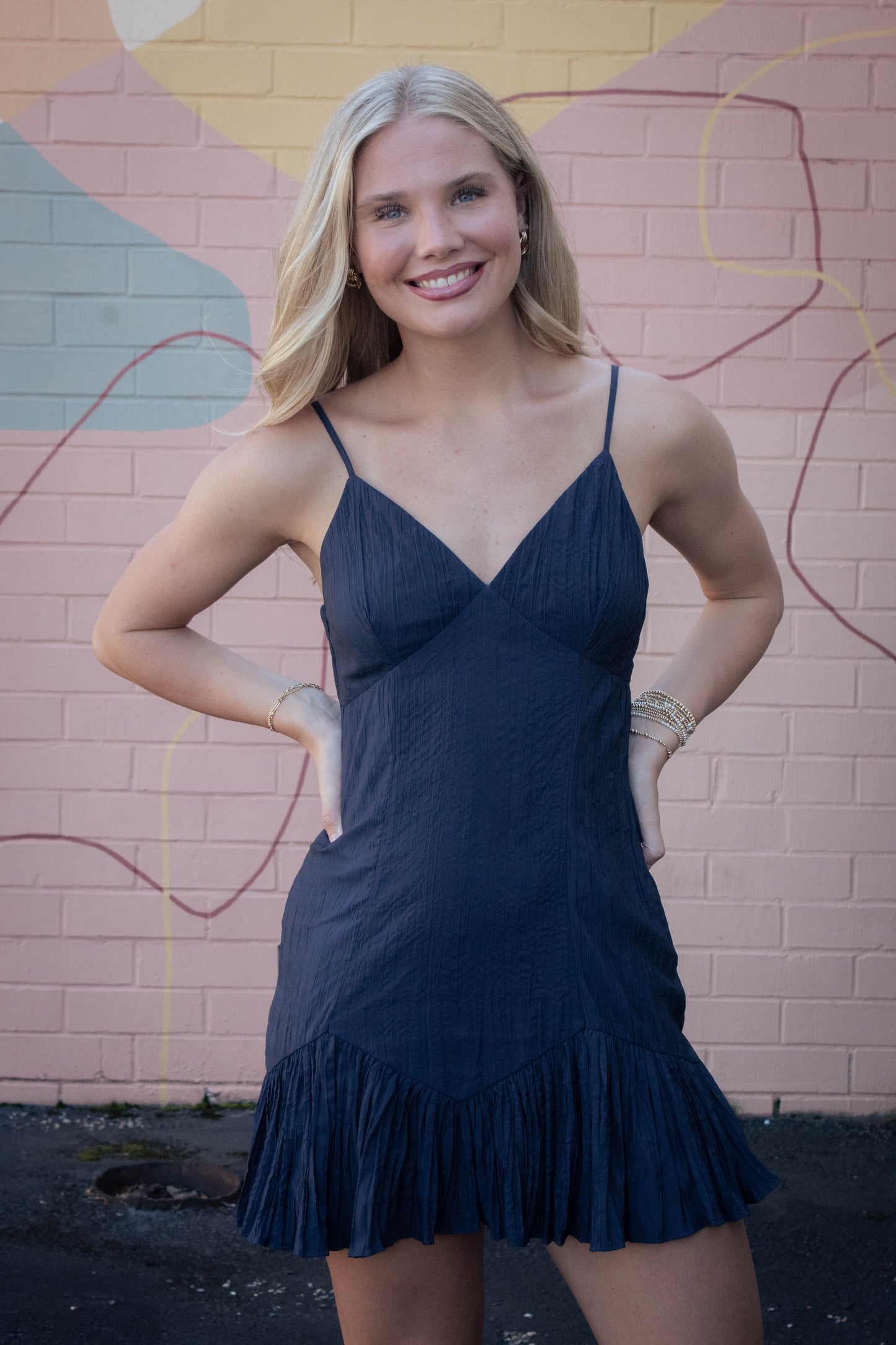  Billie Crinkled Fabric Mini Dress, Navy Blue
