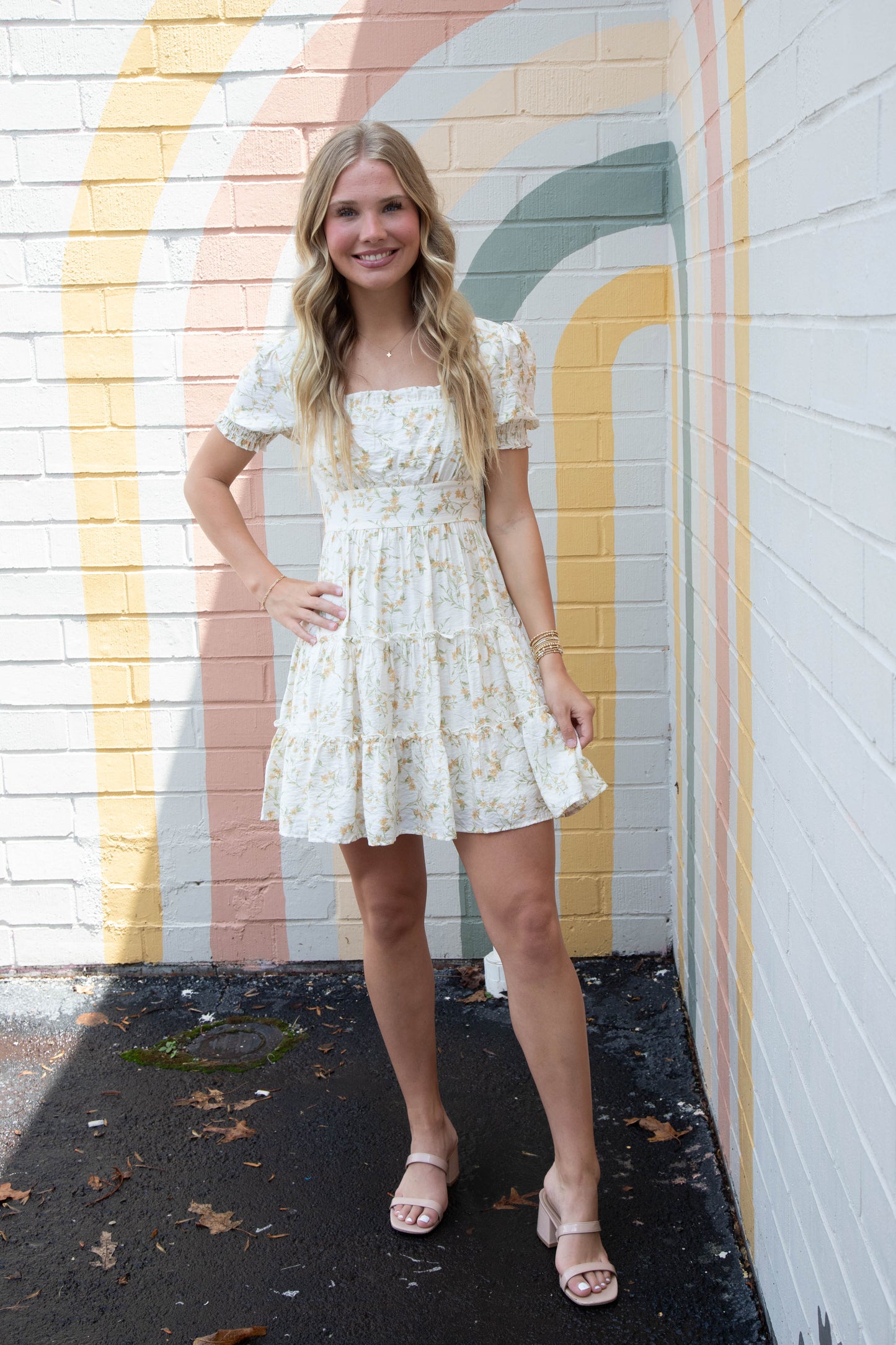  Delilah Floral Square Neck Dress, Ivory Multi