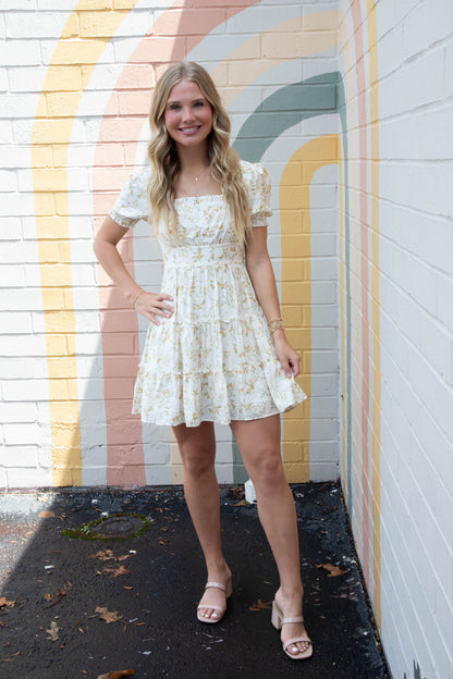  Delilah Floral Square Neck Dress, Ivory Multi