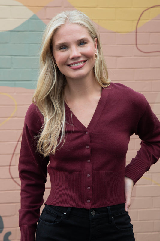  Lauryn V-Neck Cardigan, Wine | Steve Madden