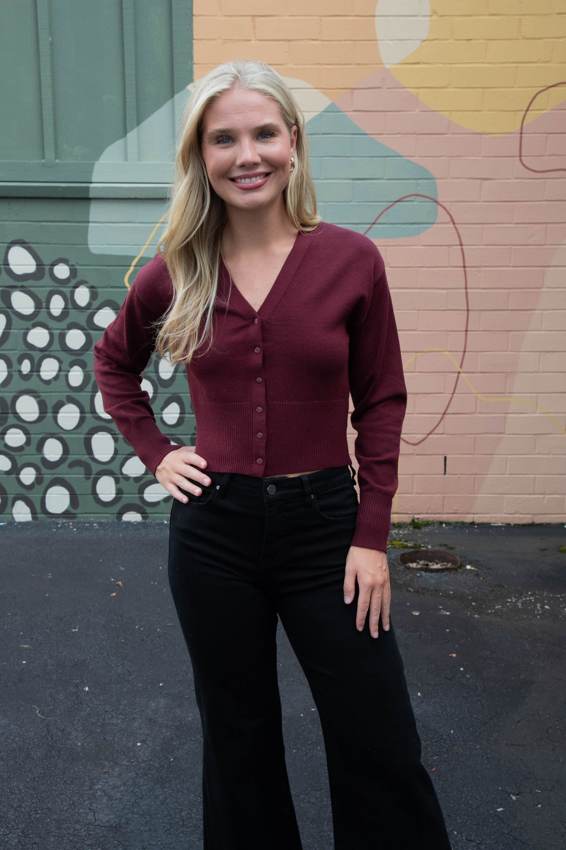  Lauryn V-Neck Cardigan, Wine | Steve Madden