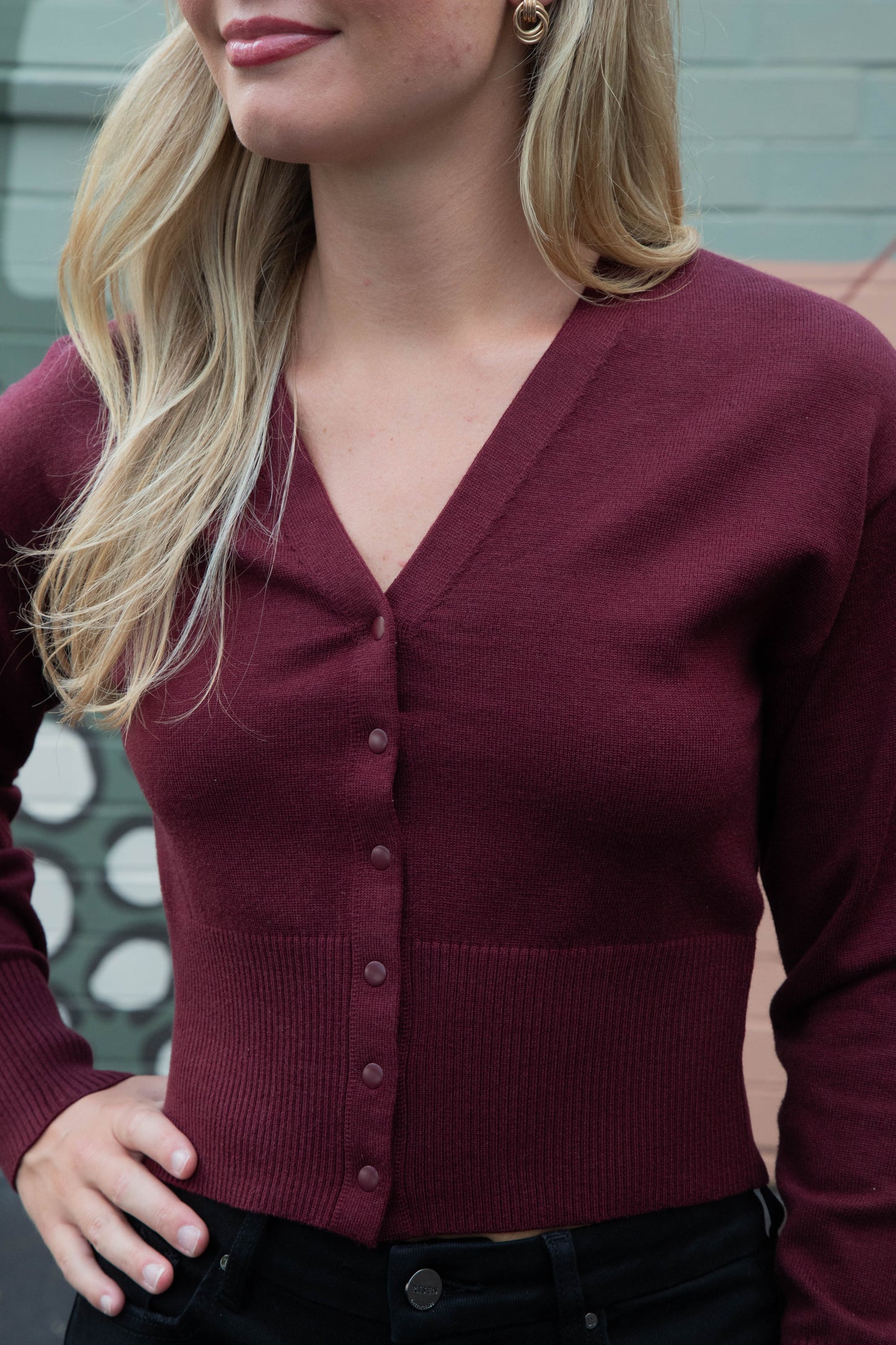  Lauryn V-Neck Cardigan, Wine | Steve Madden