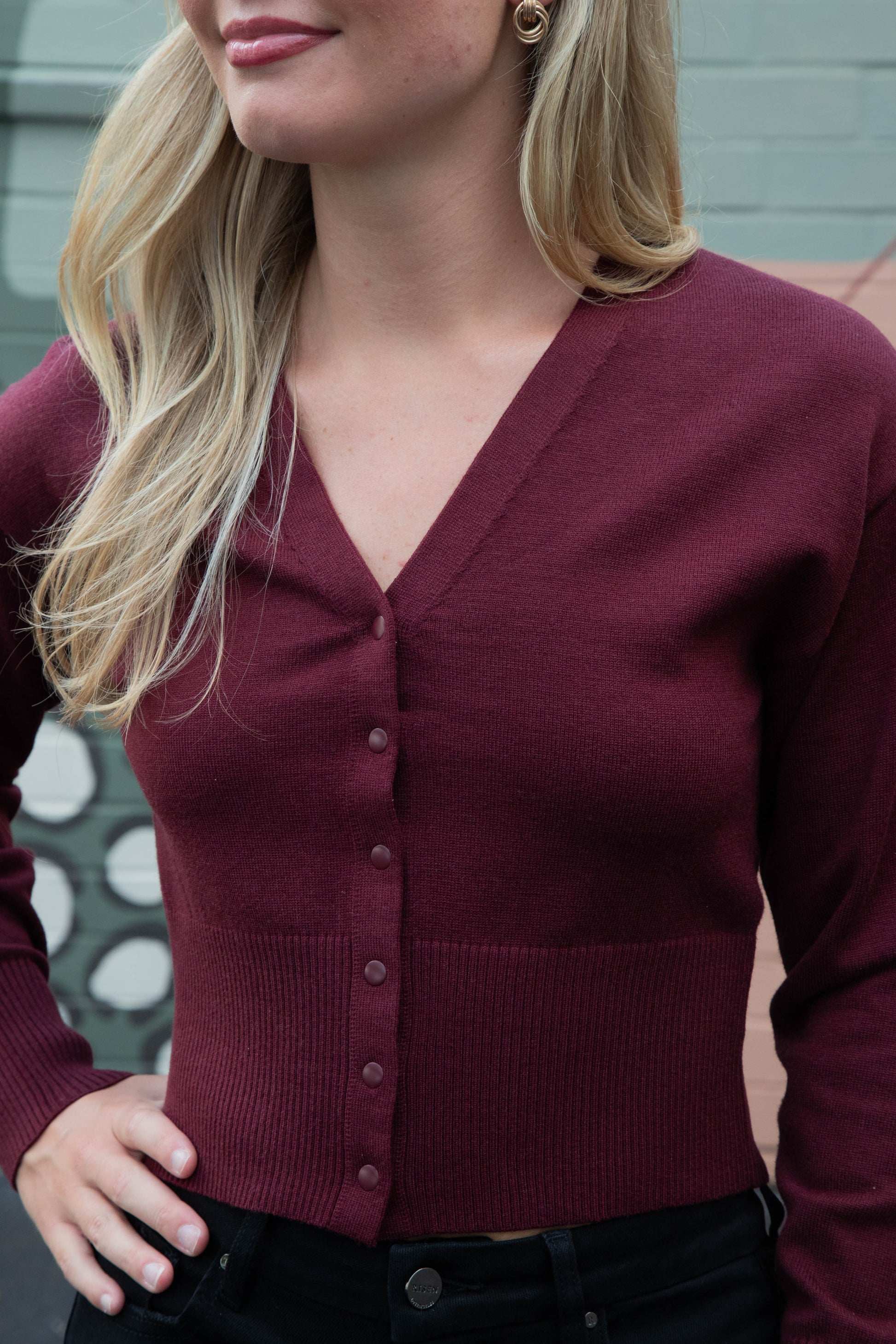  Lauryn V-Neck Cardigan, Wine | Steve Madden