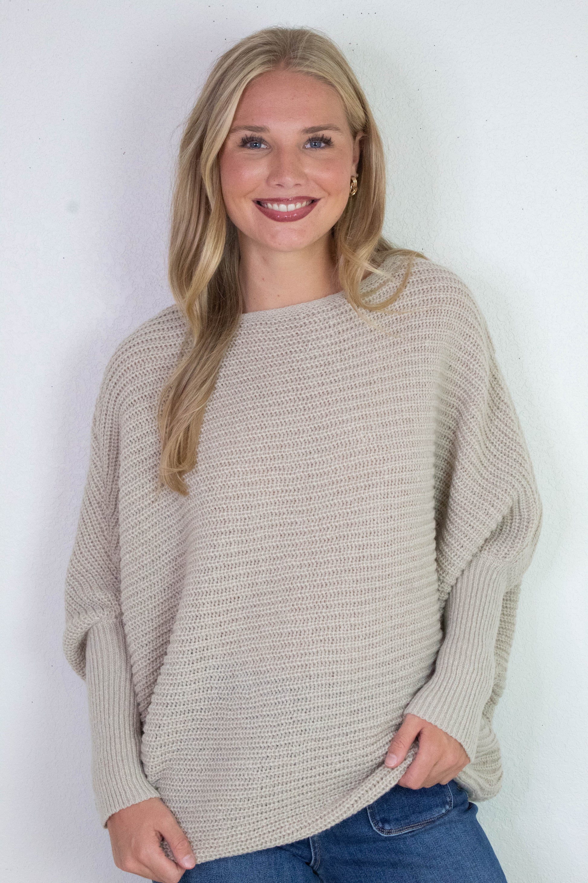  Lily Batwing Boat Neck Sweater, Light Taupe