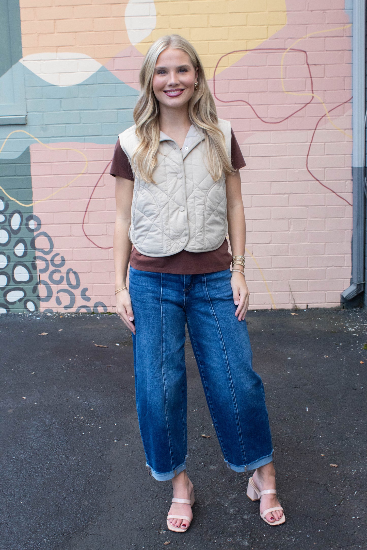  Sara Snap Button Quilted Vest, Khaki