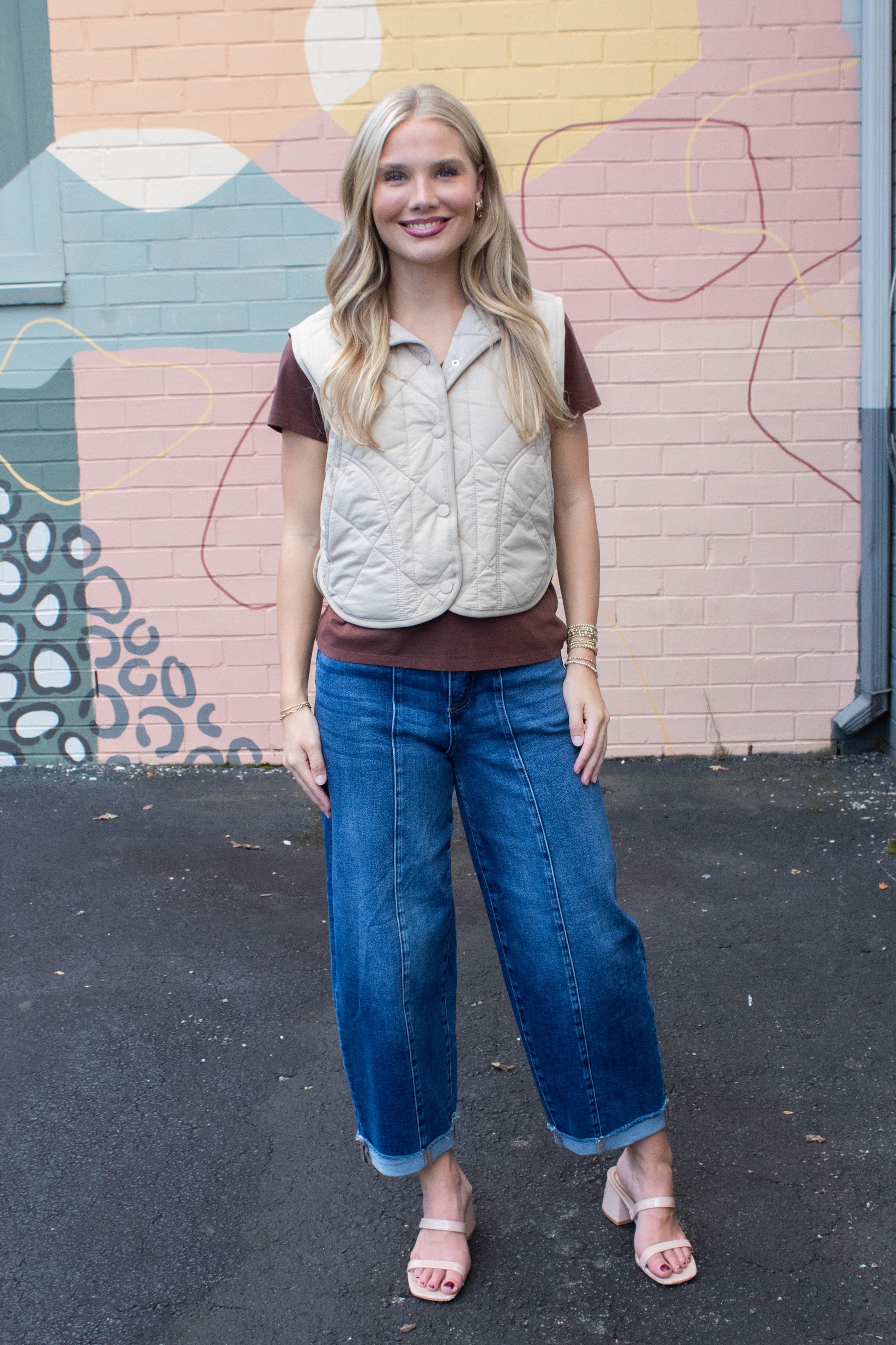  Sara Snap Button Quilted Vest, Khaki