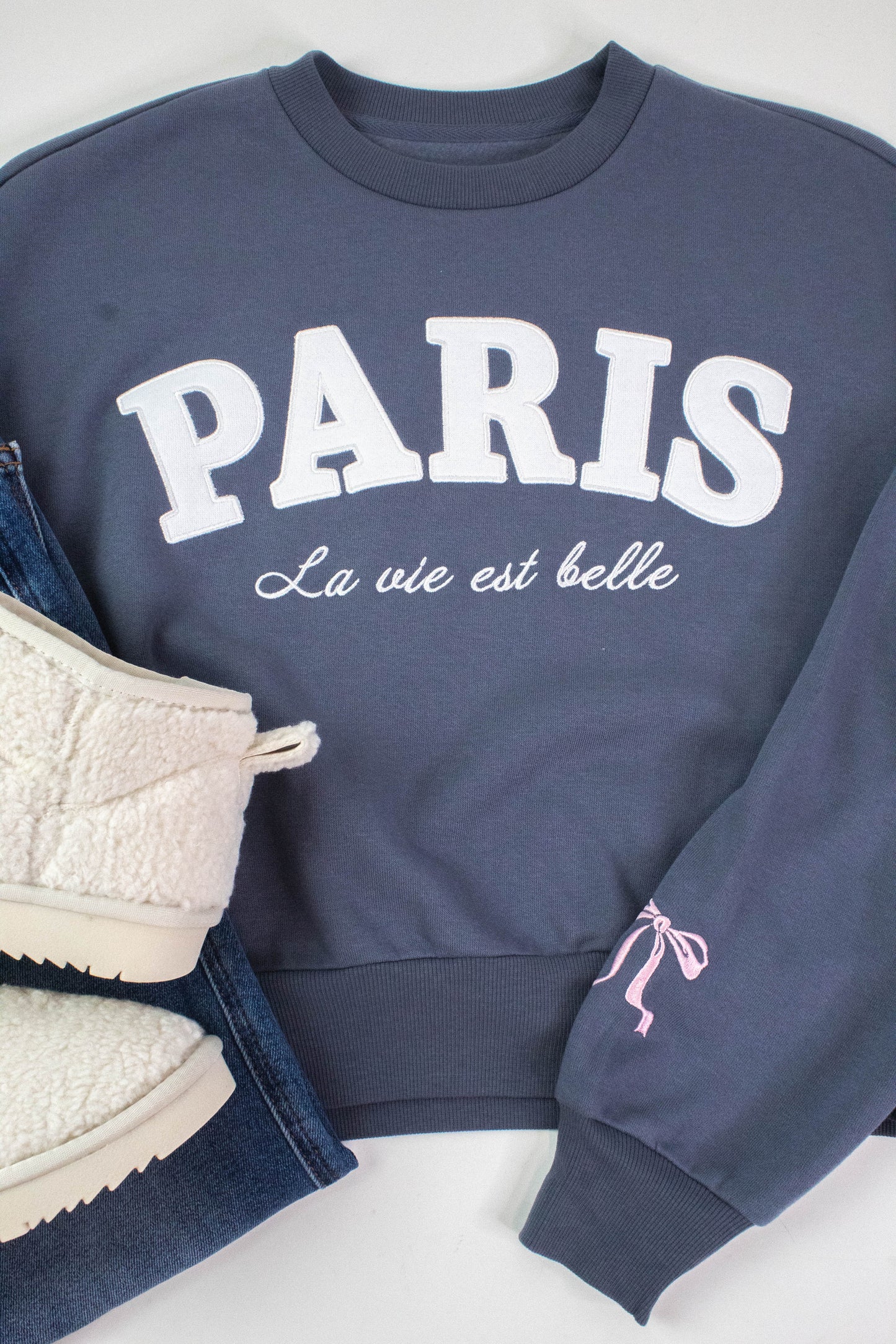  Paris Bow Embroidered Fleece Sweatshirt, Dusty Indigo