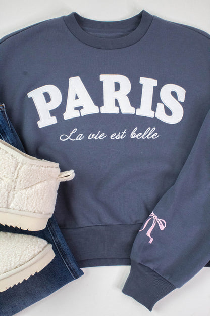  Paris Bow Embroidered Fleece Sweatshirt, Dusty Indigo