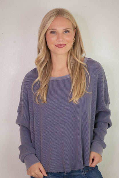  Marlowe Boat Neck Raw Edge Top, Dusty Indigo