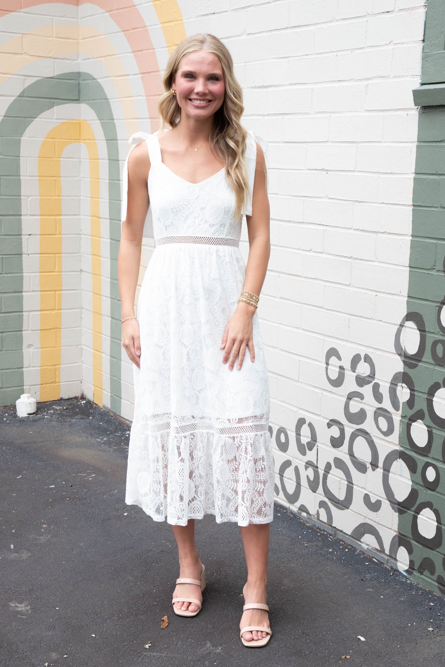  Gabriela Lace Sheer Trim Midi Dress, Off White