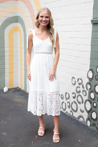  Gabriela Lace Sheer Trim Midi Dress, Off White