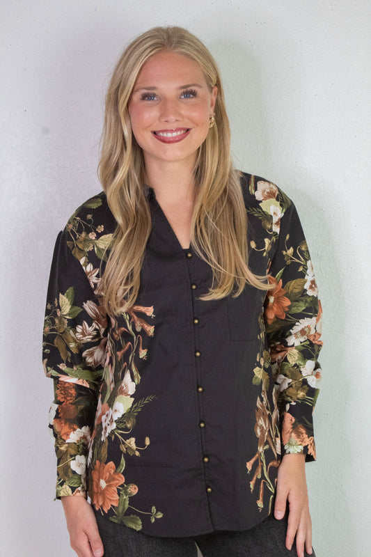  Ember Floral Sleeve Buttoned Blouse, Black