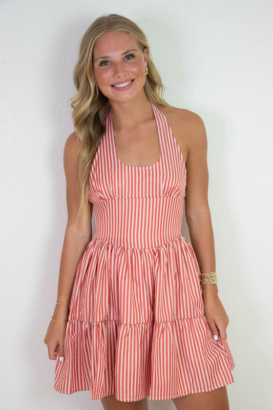  Marlie Halter Tie Neck Striped Dress, White/Red