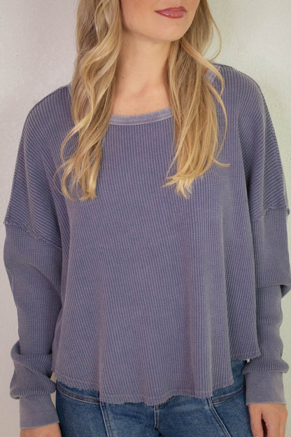  Marlowe Boat Neck Raw Edge Top, Dusty Indigo