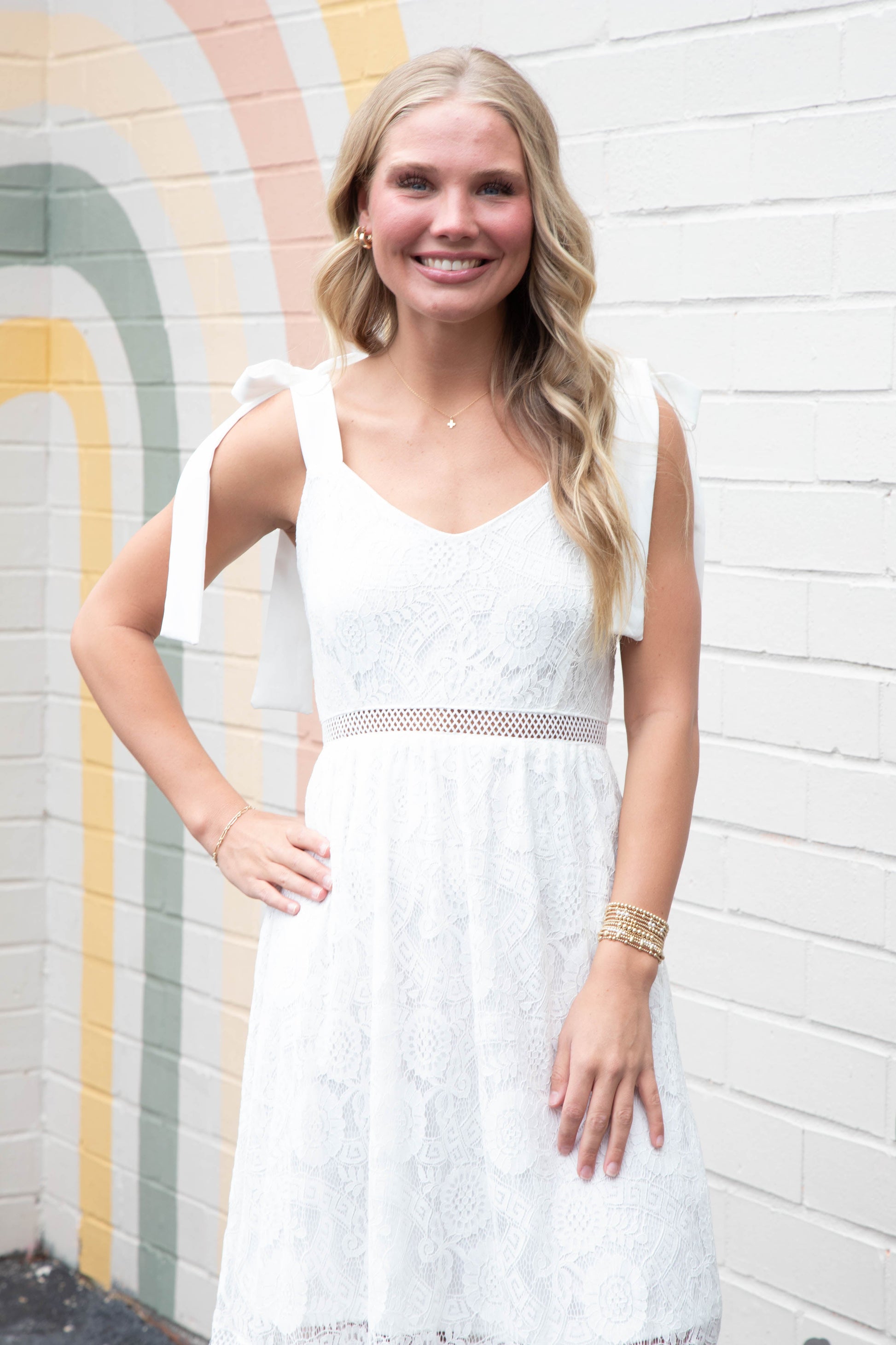  Gabriela Lace Sheer Trim Midi Dress, Off White