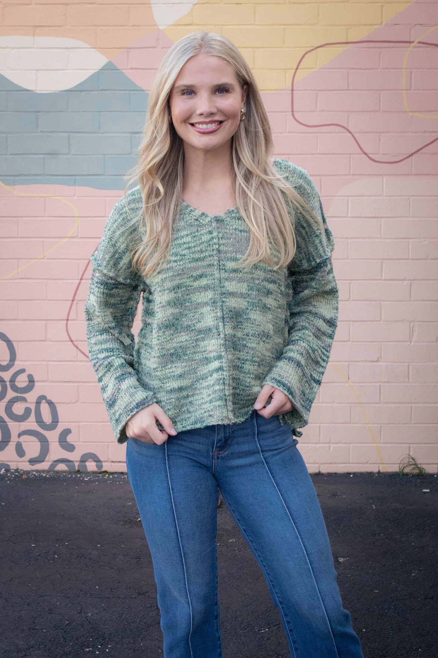  Mavis Seam Detail Sweater, Green Mix