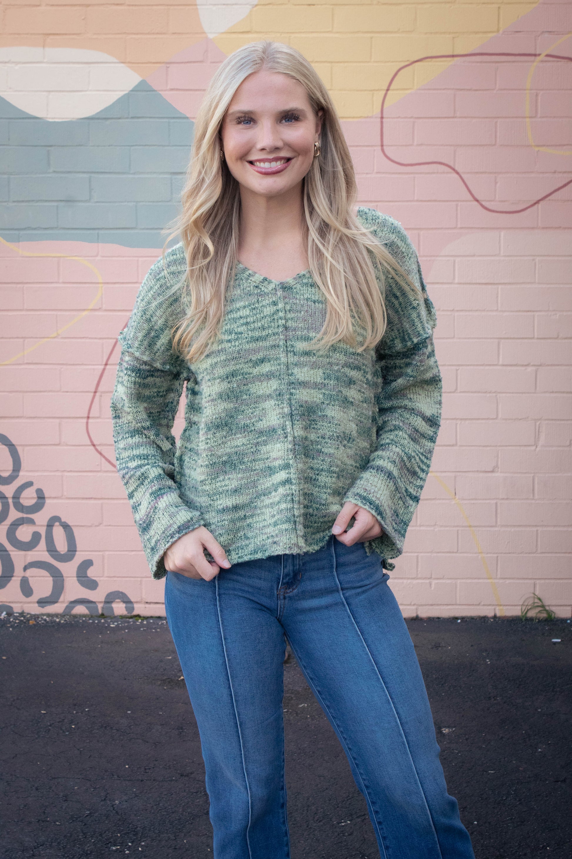  Mavis Seam Detail Sweater, Green Mix