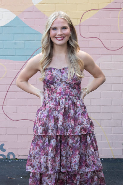  Scottie Tiered Ruffle Dress, Beige/Pink Floral