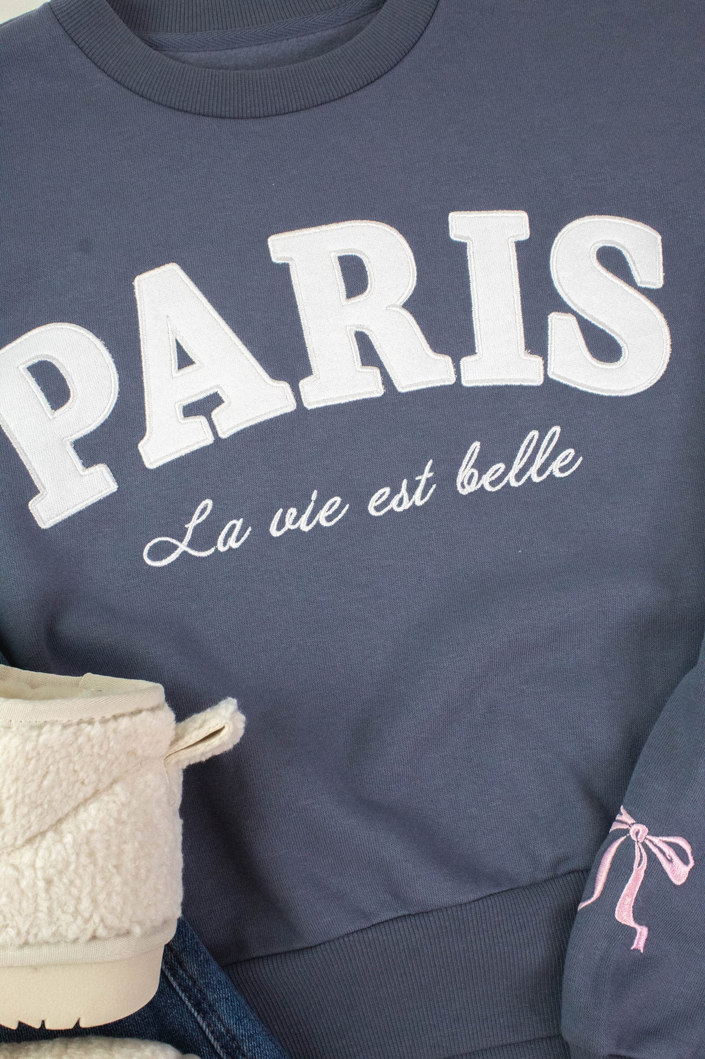  Paris Bow Embroidered Fleece Sweatshirt, Dusty Indigo