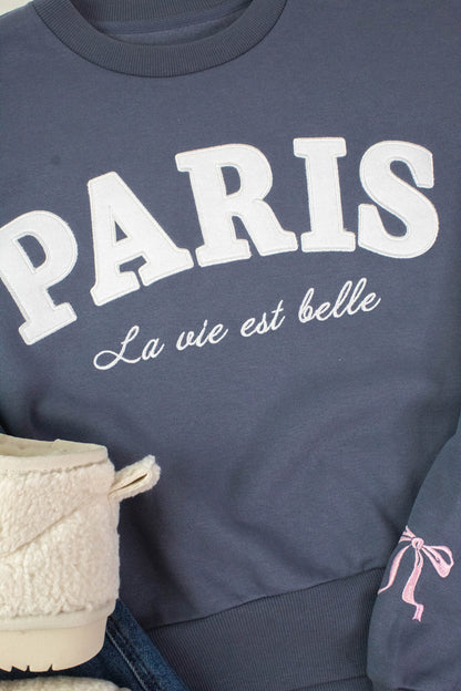  Paris Bow Embroidered Fleece Sweatshirt, Dusty Indigo