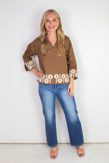  Katie 3D Floral Trim Accent Top, Mocha