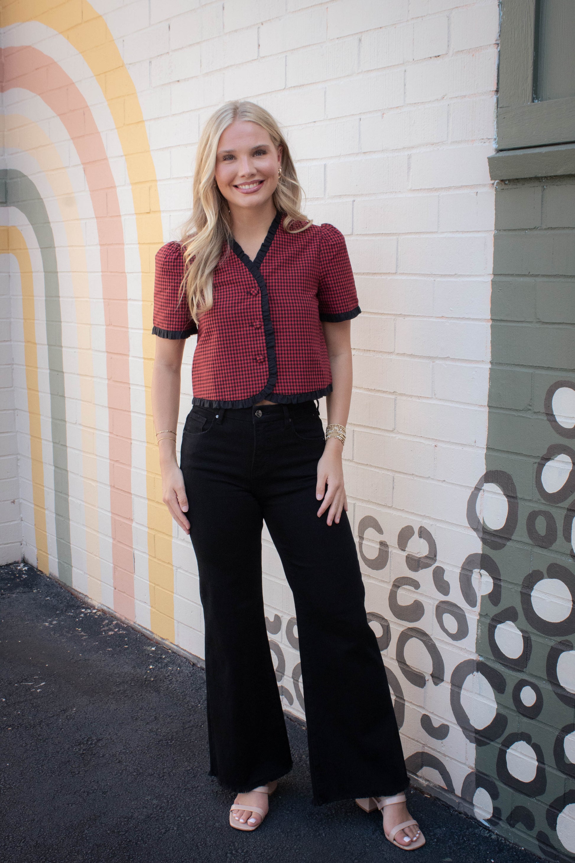  Augustine Contrast Trim Checkered Top, Red Black