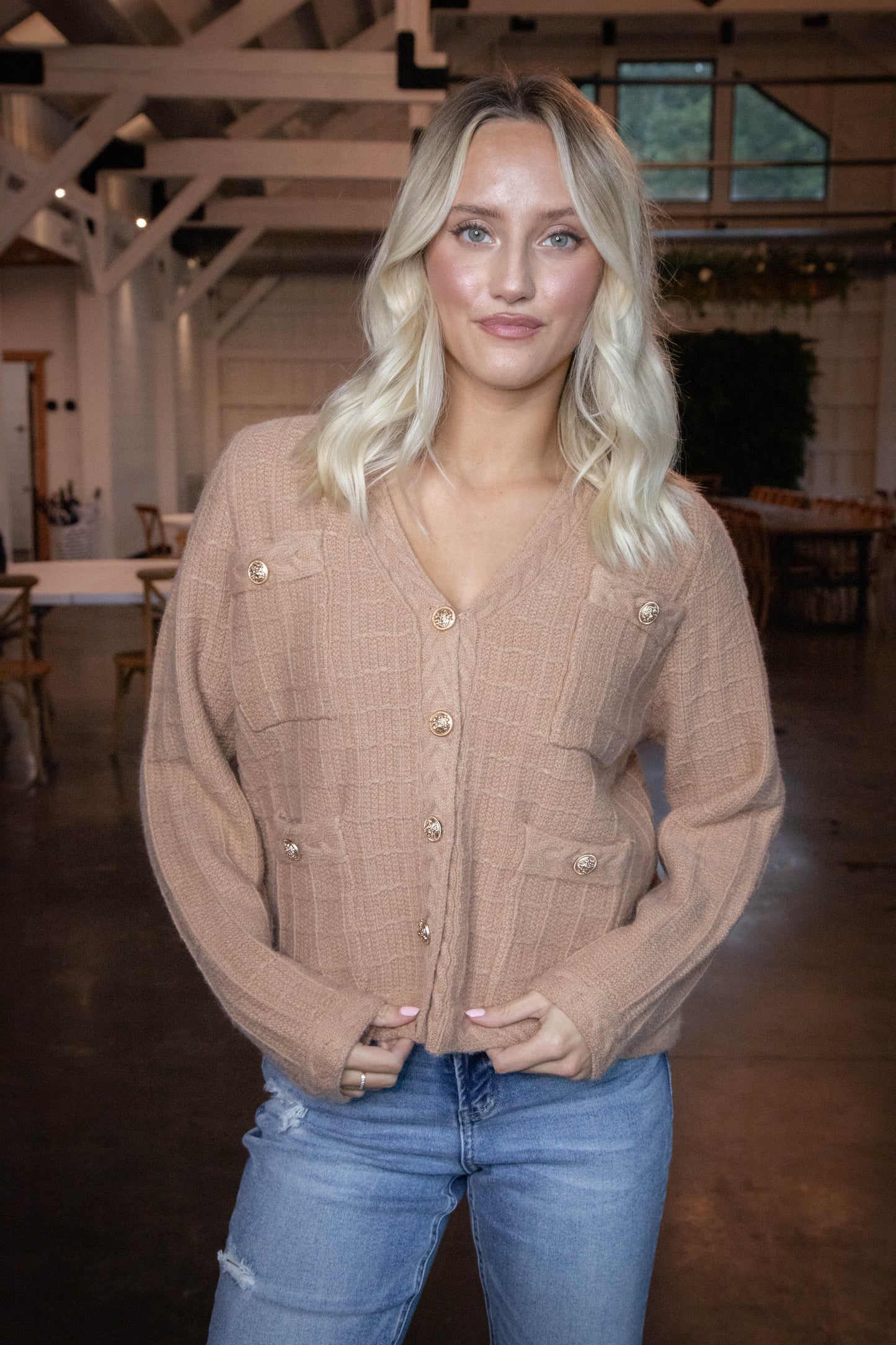  Liz Textured Button Up Cardigan, Camel