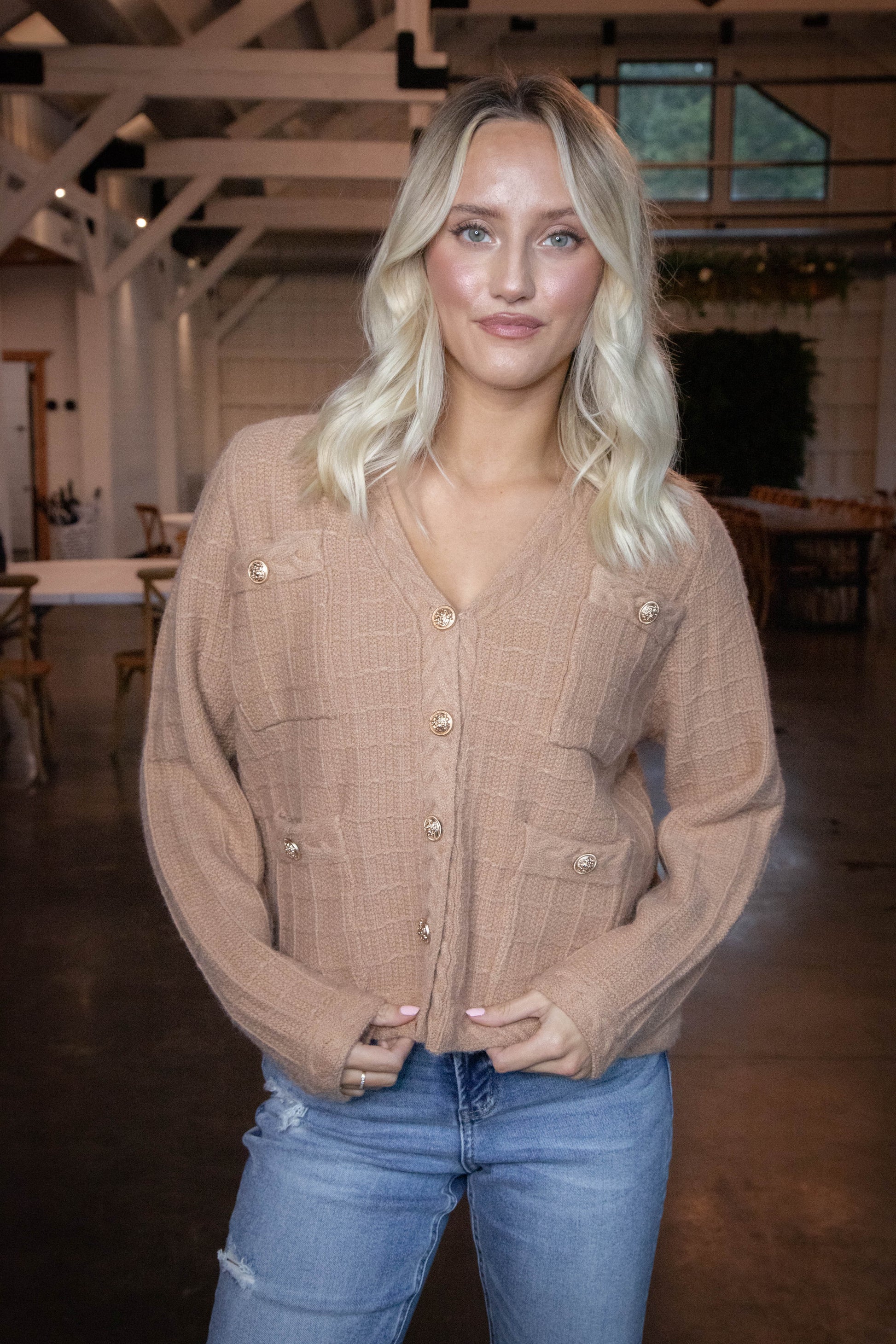  Liz Textured Button Up Cardigan, Camel