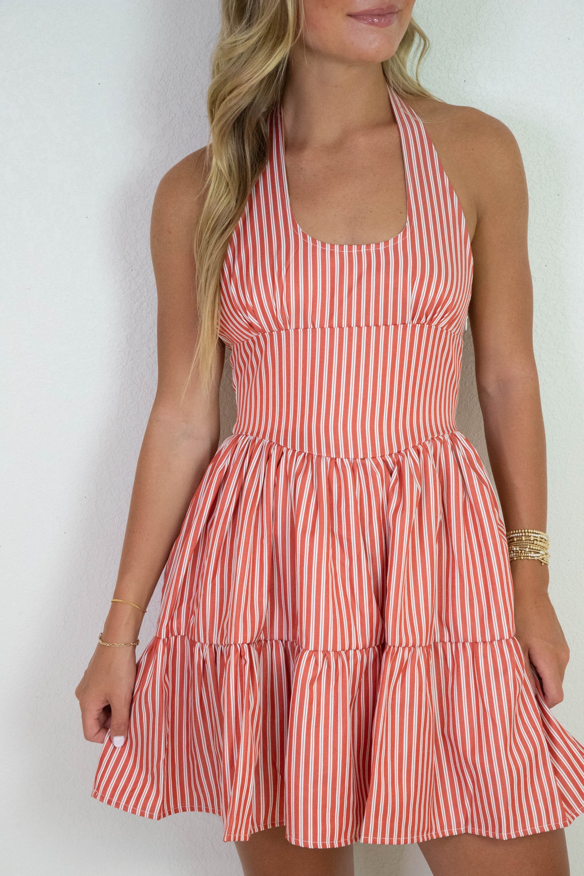  Marlie Halter Tie Neck Striped Dress, White/Red