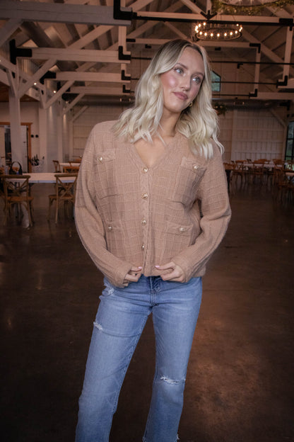 Liz Textured Button Up Cardigan, Camel