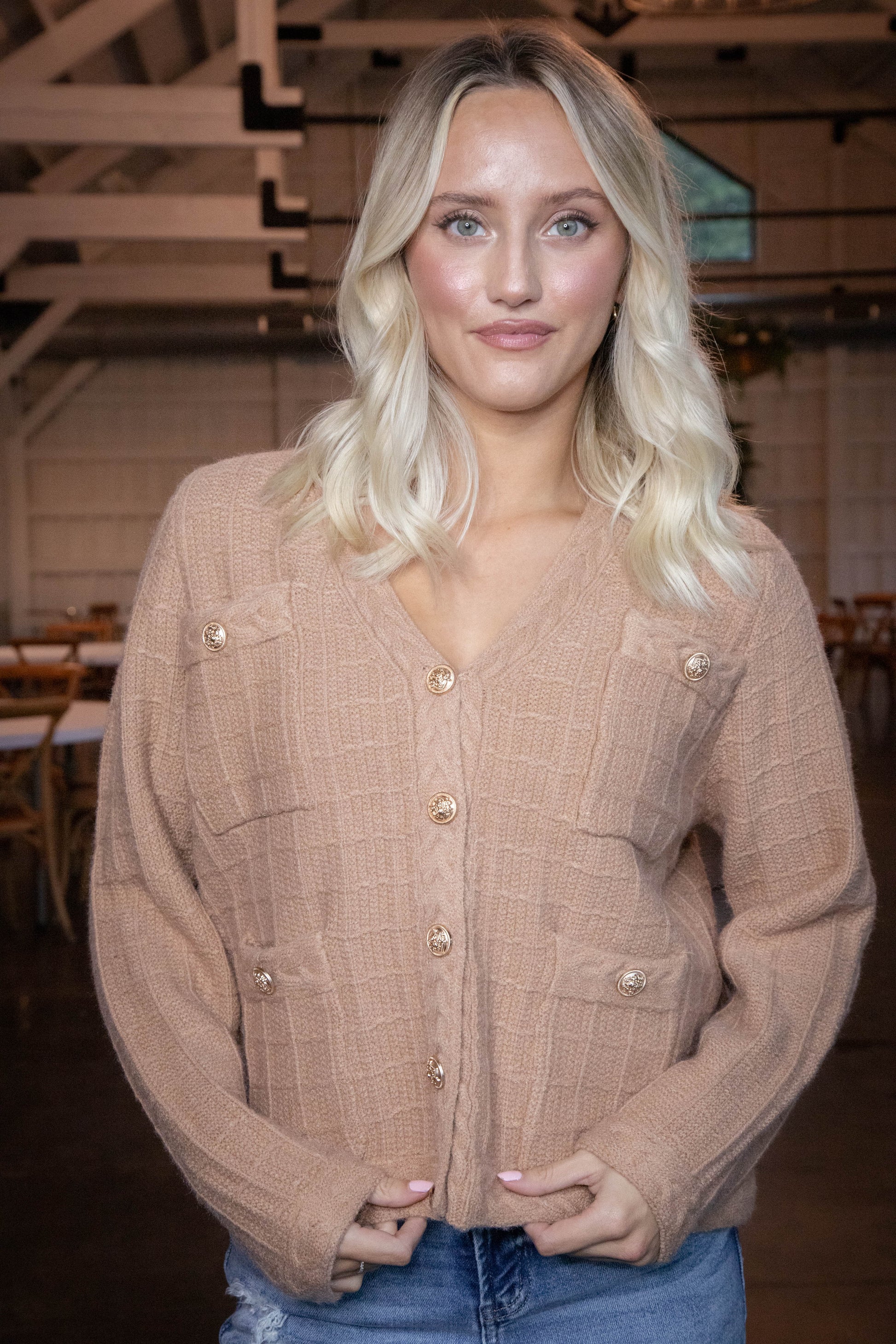  Liz Textured Button Up Cardigan, Camel