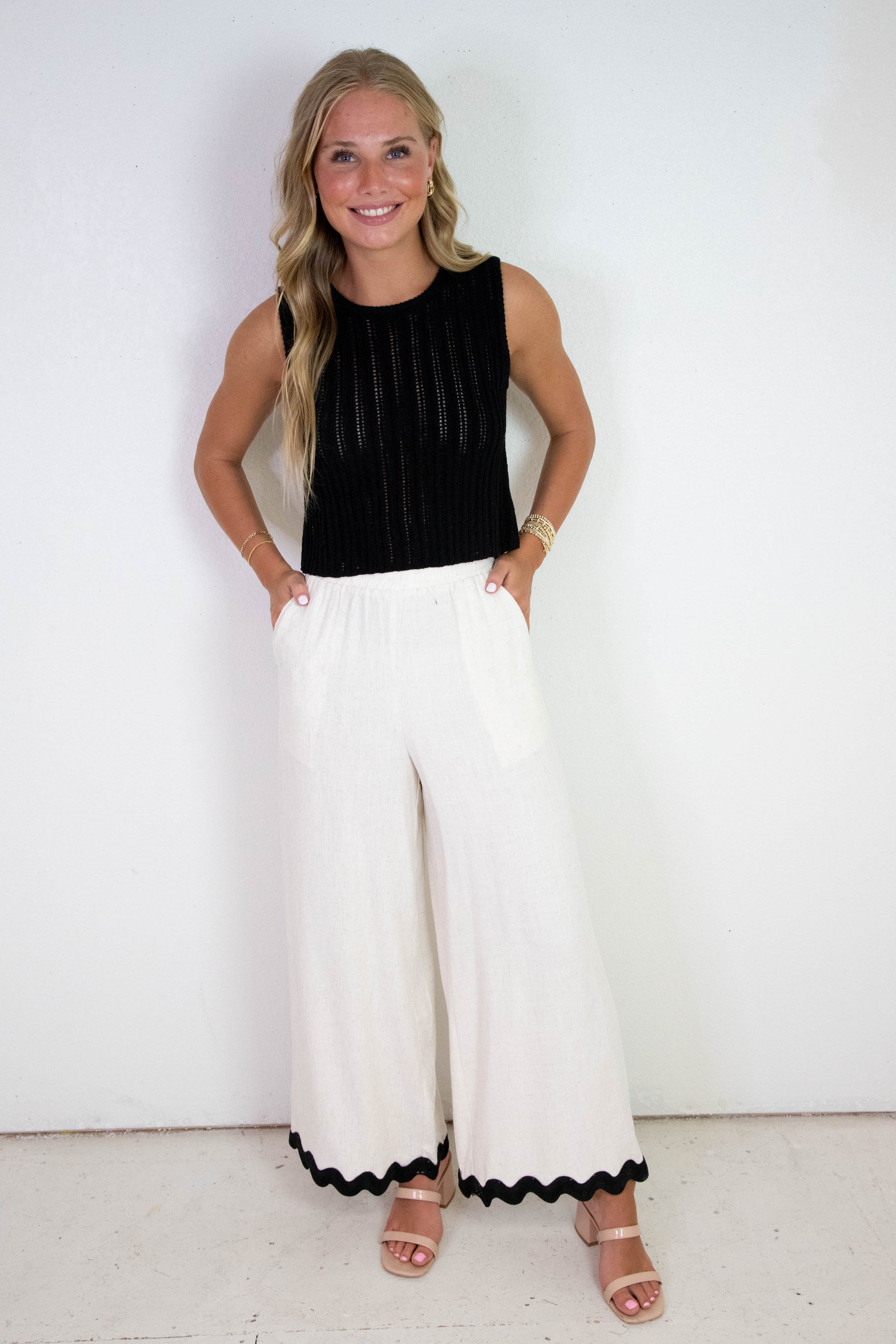  Sugarloaf Wavy Trim Elastic Pants, Oatmeal | Sadie & Sage