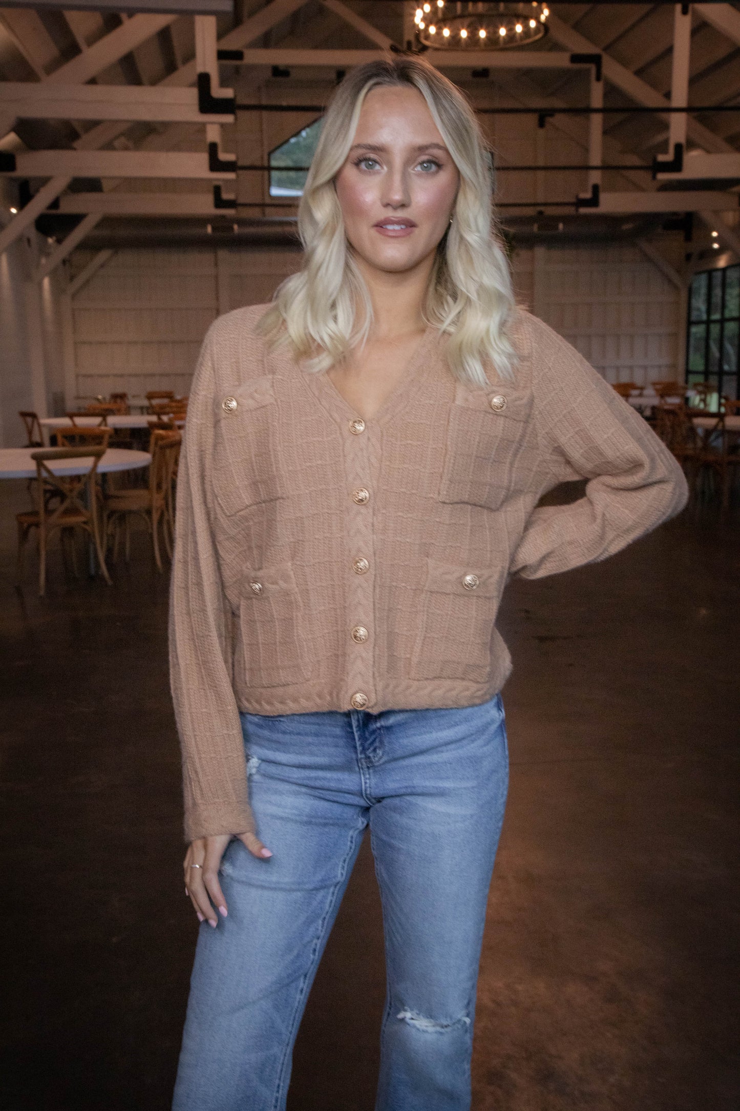  Liz Textured Button Up Cardigan, Camel