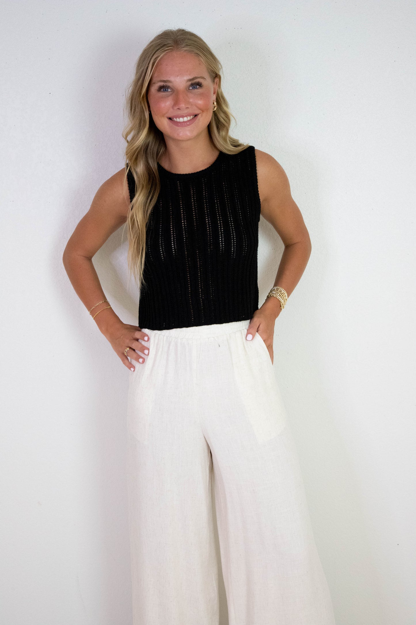  Sugarloaf Wavy Trim Elastic Pants, Oatmeal | Sadie & Sage