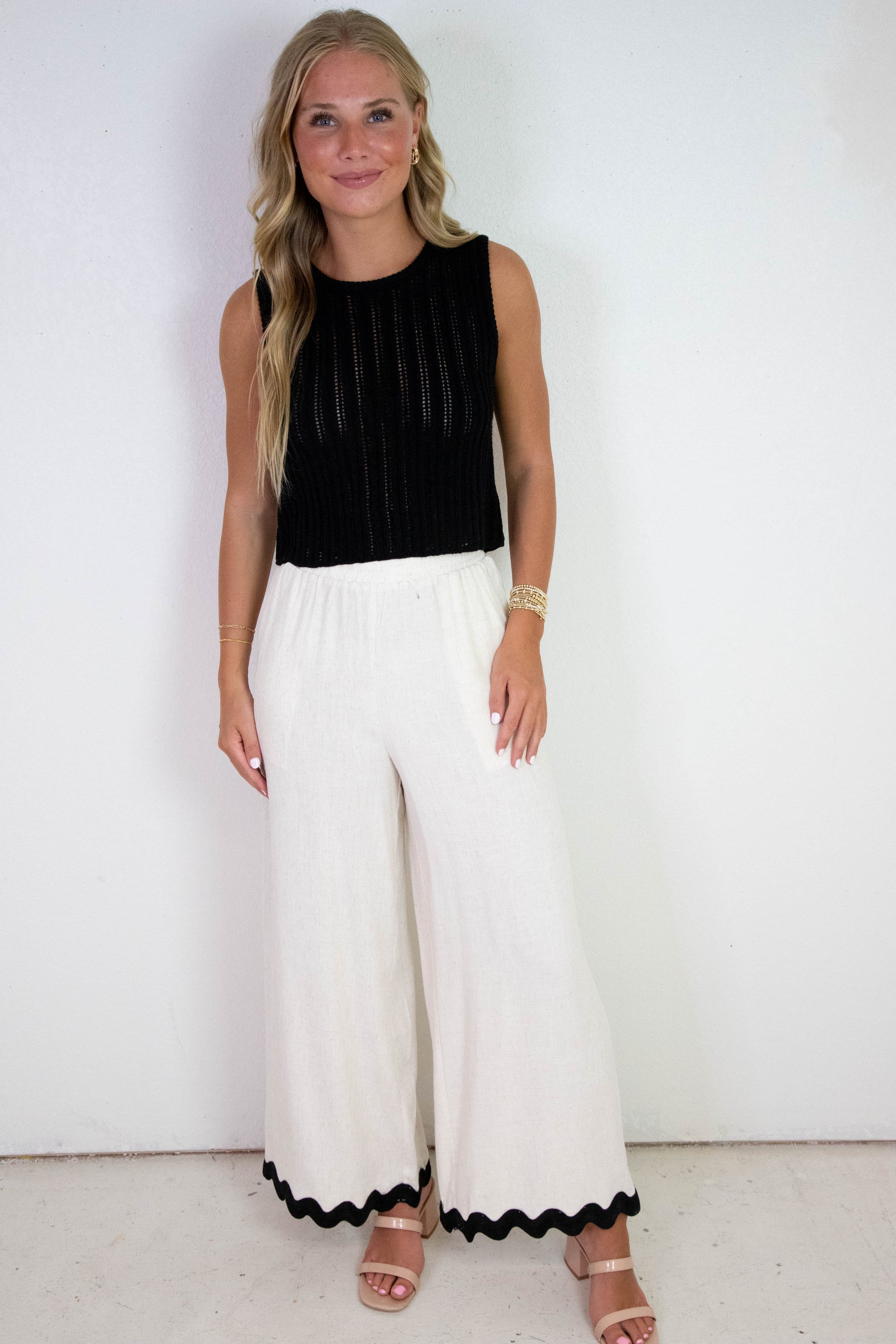  Sugarloaf Wavy Trim Elastic Pants, Oatmeal | Sadie & Sage