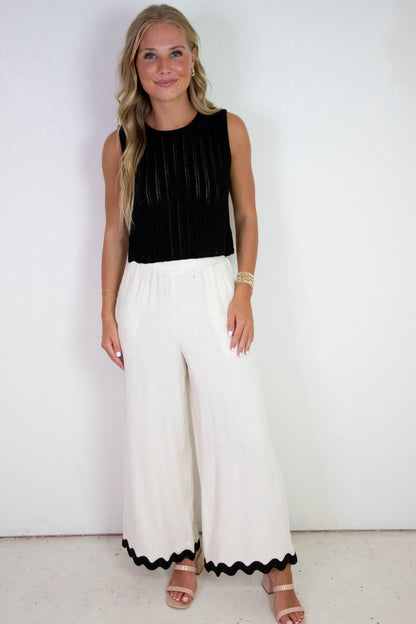  Sugarloaf Wavy Trim Elastic Pants, Oatmeal | Sadie & Sage
