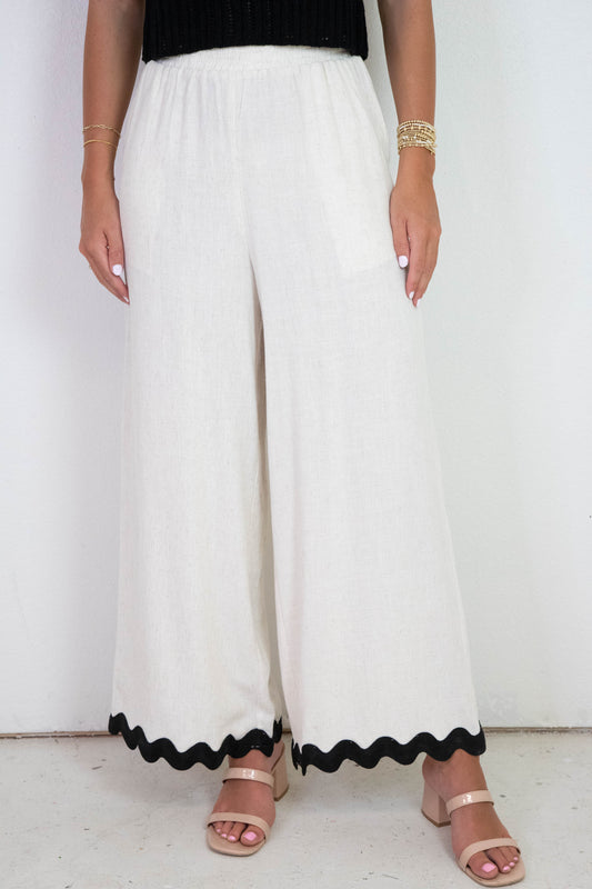  Sugarloaf Wavy Trim Elastic Pants, Oatmeal | Sadie & Sage