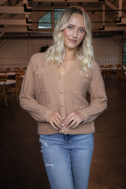  Liz Textured Button Up Cardigan, Camel
