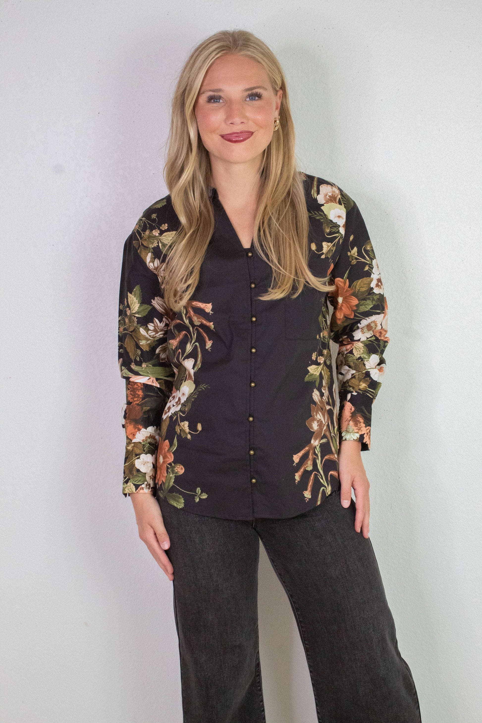  Ember Floral Sleeve Buttoned Blouse, Black