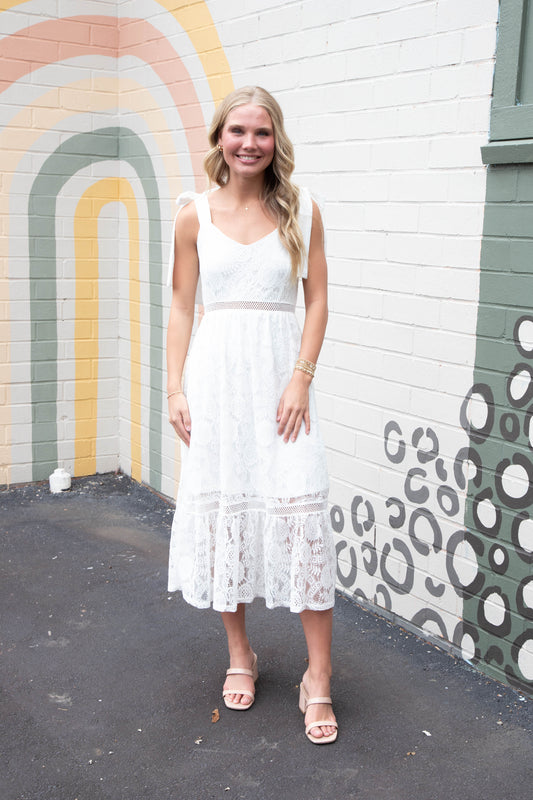  Gabriela Lace Sheer Trim Midi Dress, Off White