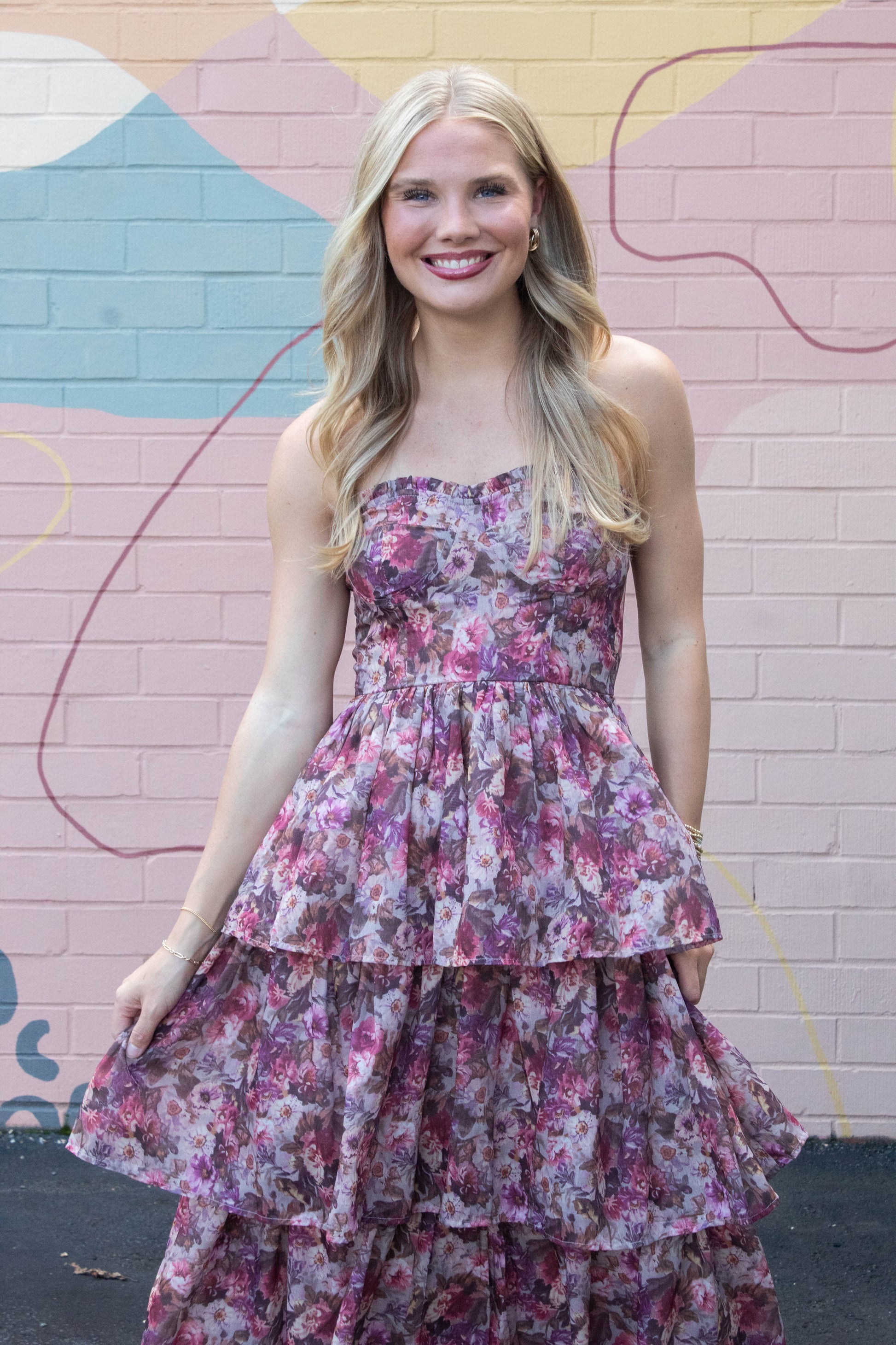  Scottie Tiered Ruffle Dress, Beige/Pink Floral
