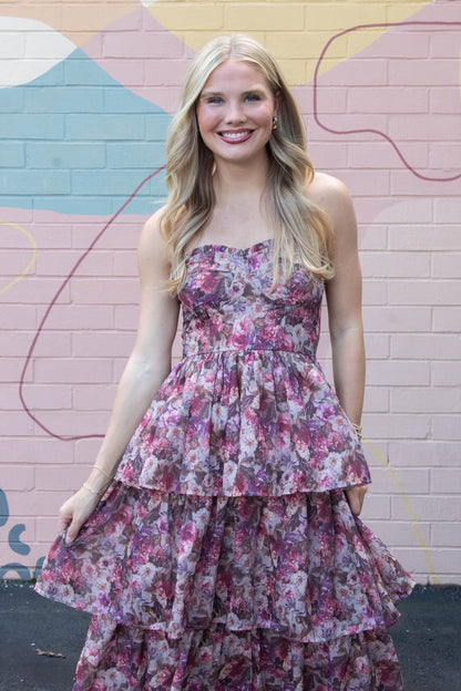  Scottie Tiered Ruffle Dress, Beige/Pink Floral