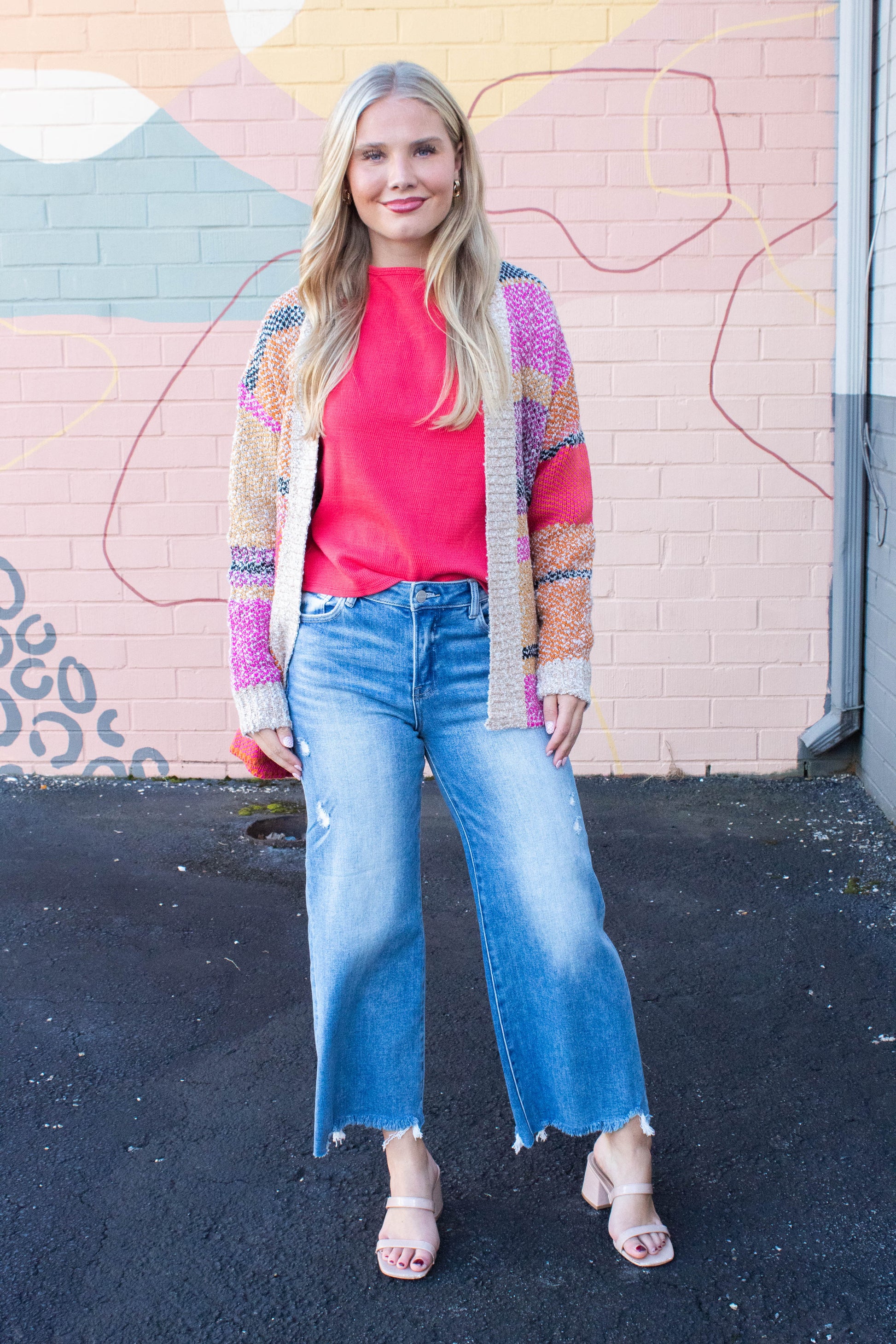  Frankie Oversized Color Block Cardigan, Fuchsia Mustard Multi