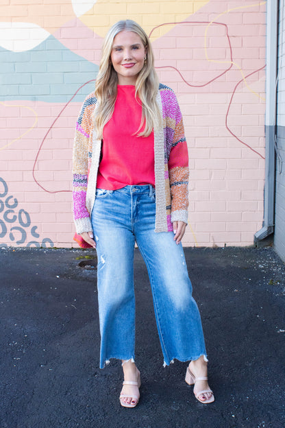  Frankie Oversized Color Block Cardigan, Fuchsia Mustard Multi