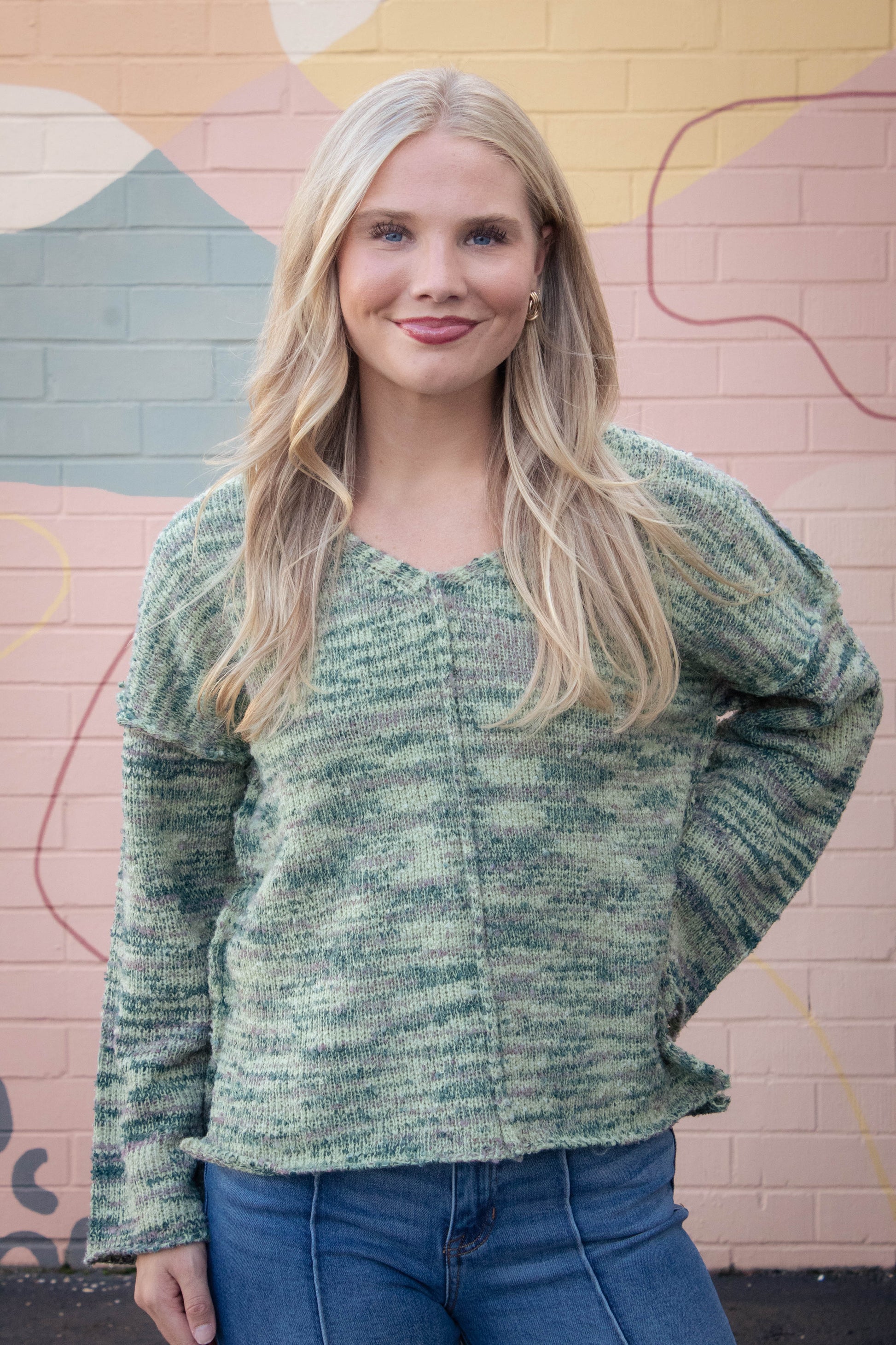  Mavis Seam Detail Sweater, Green Mix