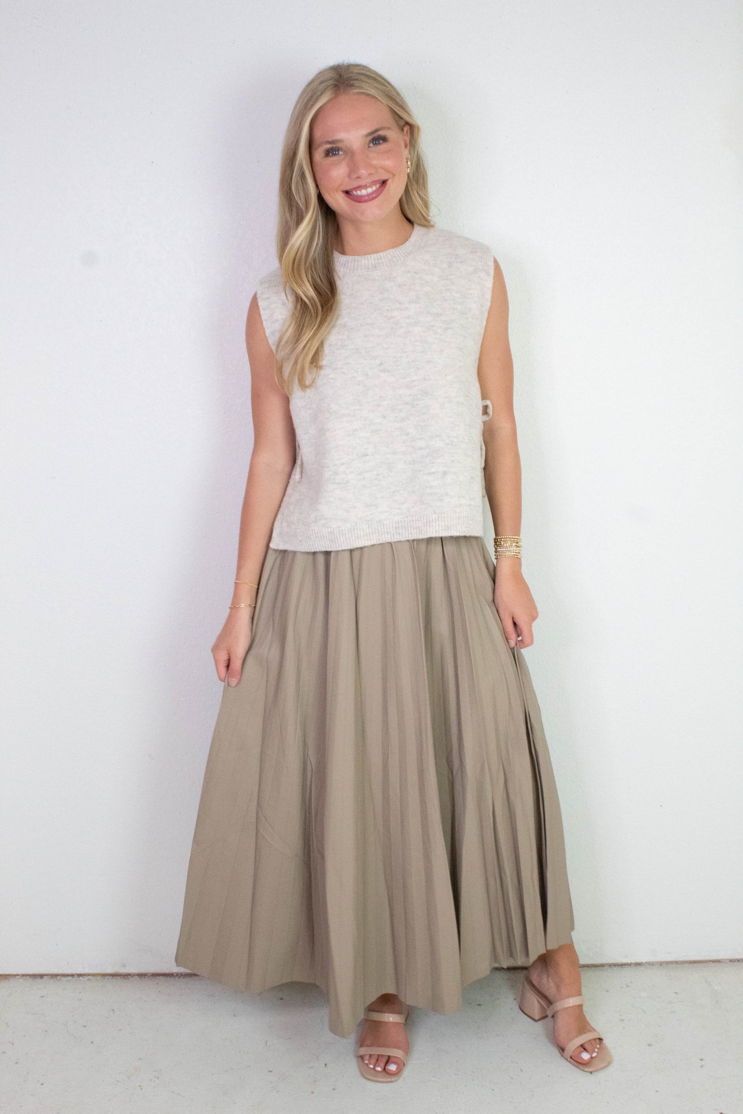  Sallie Vegan Leather Pleated Maxi Skirt, Khaki