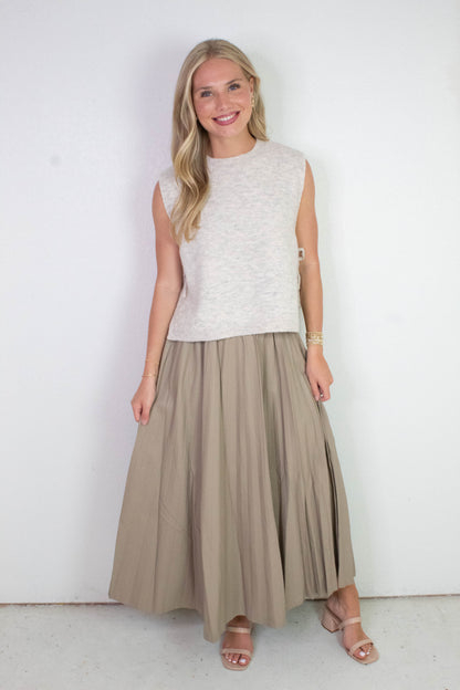  Sallie Vegan Leather Pleated Maxi Skirt, Khaki