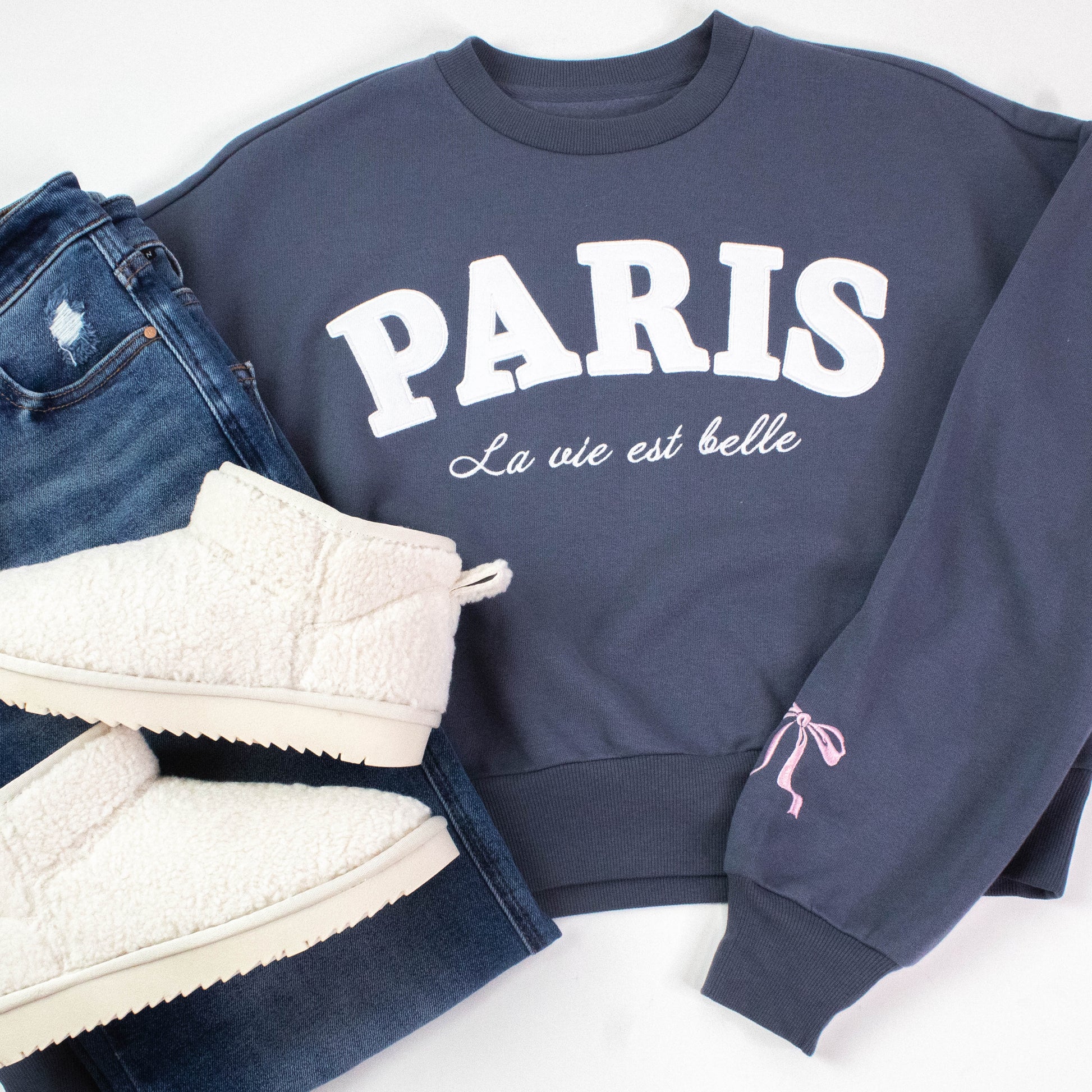  Paris Bow Embroidered Fleece Sweatshirt, Dusty Indigo